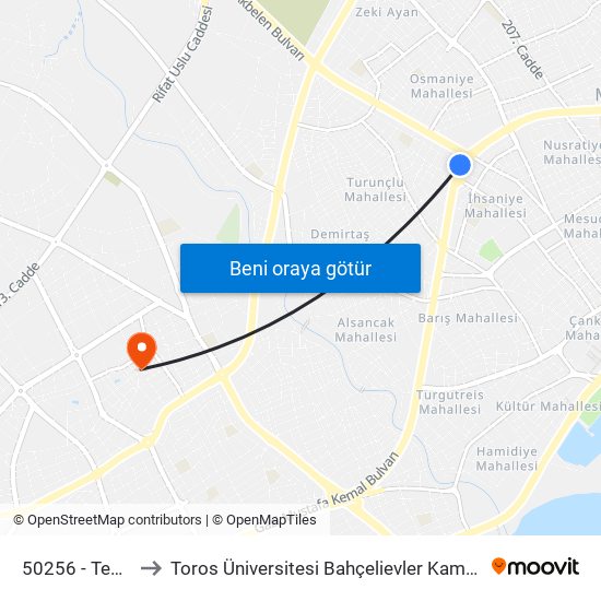 50256 - Tedaş to Toros Üniversitesi Bahçelievler Kampüsü map