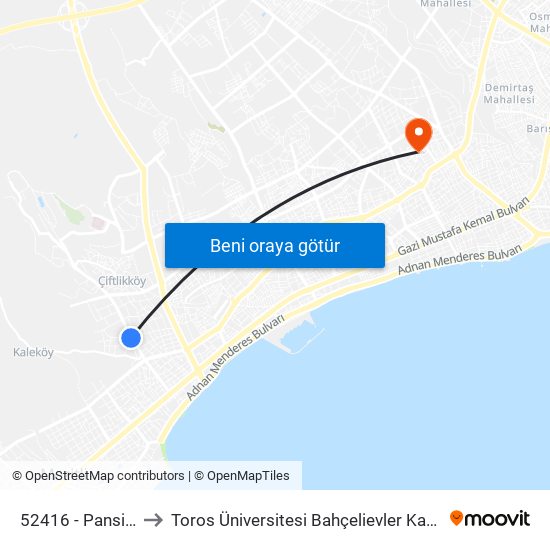 52416 - Pansiyon to Toros Üniversitesi Bahçelievler Kampüsü map