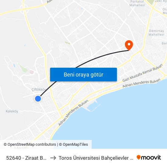 52640 - Ziraat Bankası to Toros Üniversitesi Bahçelievler Kampüsü map