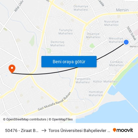 50476 - Ziraat Bankası to Toros Üniversitesi Bahçelievler Kampüsü map