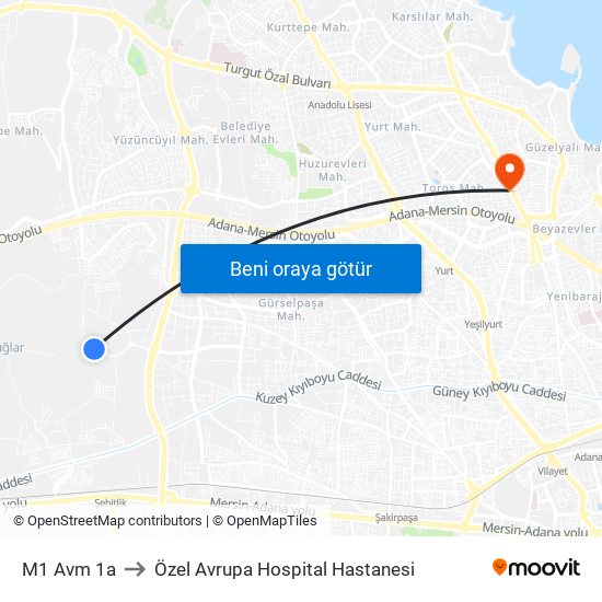 M1 Avm 1a to Özel Avrupa Hospital Hastanesi map