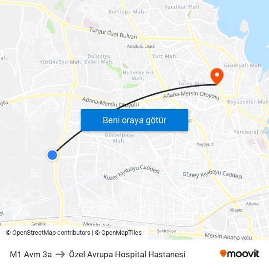 M1 Avm 3a to Özel Avrupa Hospital Hastanesi map