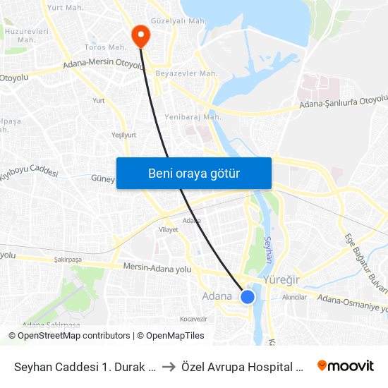 Seyhan Caddesi 1. Durak Taşköprü to Özel Avrupa Hospital Hastanesi map