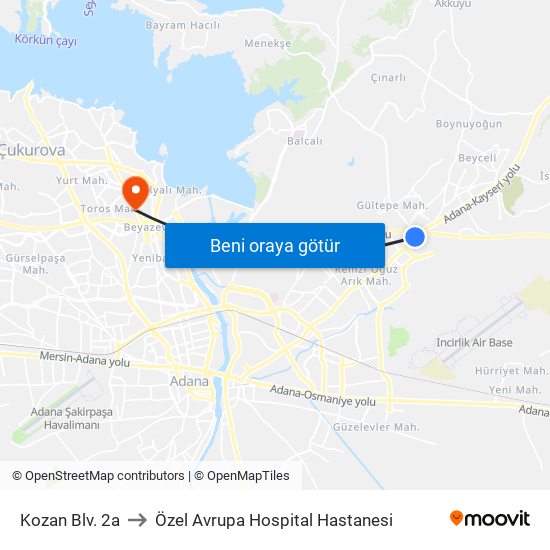 Kozan Blv. 2a to Özel Avrupa Hospital Hastanesi map