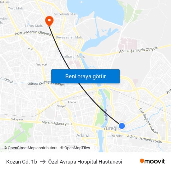 Kozan Cd. 1b to Özel Avrupa Hospital Hastanesi map