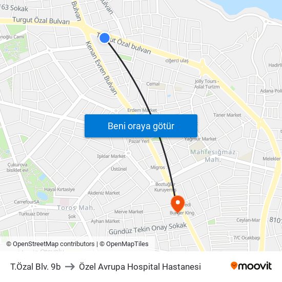 T.Özal Blv. 9b to Özel Avrupa Hospital Hastanesi map