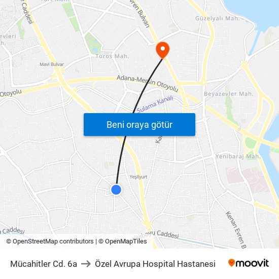 Mücahitler Cd. 6a to Özel Avrupa Hospital Hastanesi map
