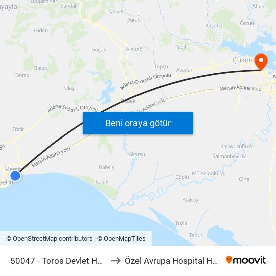 50047 - Toros Devlet Hastanesi to Özel Avrupa Hospital Hastanesi map