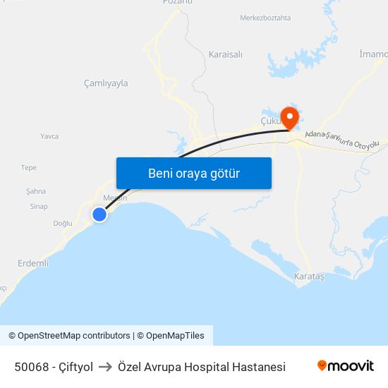 50068 - Çiftyol to Özel Avrupa Hospital Hastanesi map