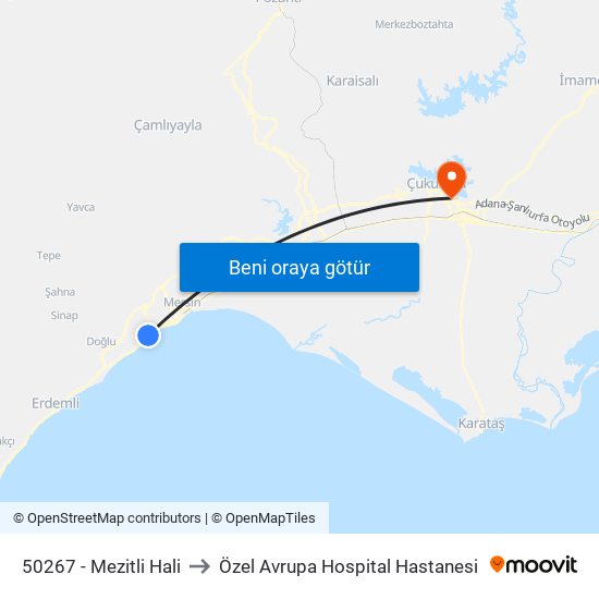 50267 - Mezitli Hali to Özel Avrupa Hospital Hastanesi map