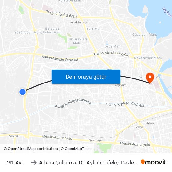 M1 Avm 3a to Adana Çukurova Dr. Aşkım Tüfekçi Devlet Hastanesi map