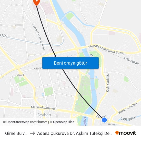 Girne Bulvari 1a to Adana Çukurova Dr. Aşkım Tüfekçi Devlet Hastanesi map