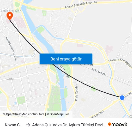 Kozan Cd. 5a to Adana Çukurova Dr. Aşkım Tüfekçi Devlet Hastanesi map