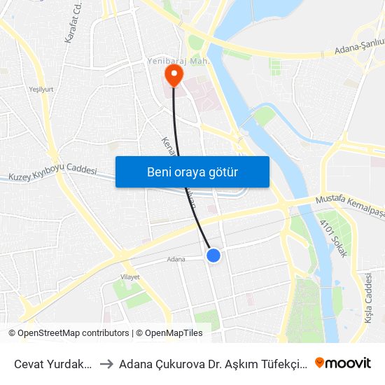 Cevat Yurdakul Cd. 1a to Adana Çukurova Dr. Aşkım Tüfekçi Devlet Hastanesi map