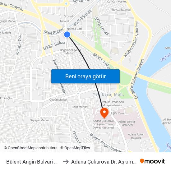 Bülent Angin Bulvari 6. Durak (Duygu Cafe) to Adana Çukurova Dr. Aşkım Tüfekçi Devlet Hastanesi map