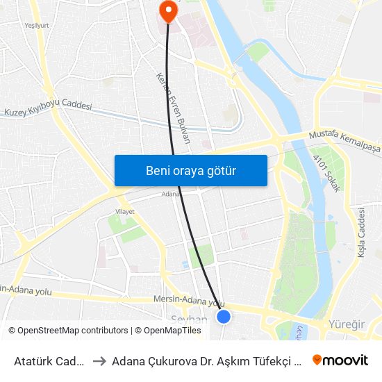 Atatürk Caddesi 1b to Adana Çukurova Dr. Aşkım Tüfekçi Devlet Hastanesi map