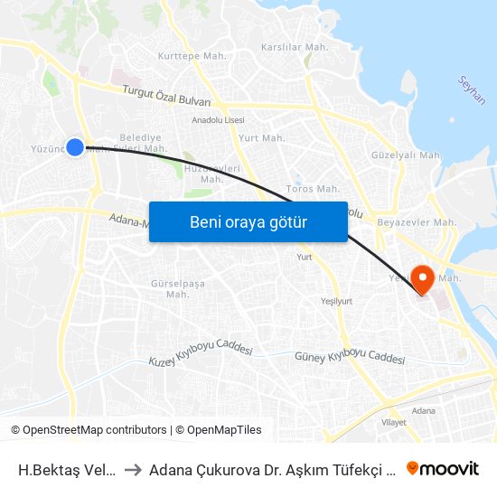 H.Bektaş Veli Blv. 1b to Adana Çukurova Dr. Aşkım Tüfekçi Devlet Hastanesi map