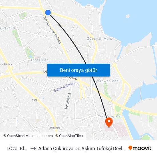 T.Özal Blv. 9b to Adana Çukurova Dr. Aşkım Tüfekçi Devlet Hastanesi map