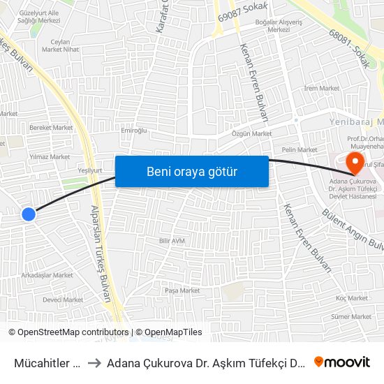 Mücahitler Cd. 6a to Adana Çukurova Dr. Aşkım Tüfekçi Devlet Hastanesi map