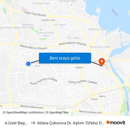 A.İzzet Begoviç 5b to Adana Çukurova Dr. Aşkım Tüfekçi Devlet Hastanesi map