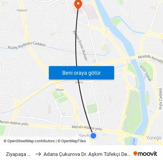 Ziyapaşa Blv. 1a to Adana Çukurova Dr. Aşkım Tüfekçi Devlet Hastanesi map