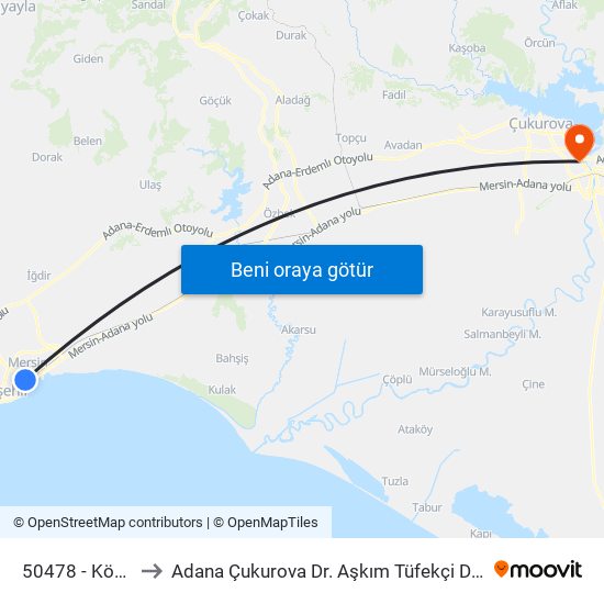 50478 - Kör Yusuf to Adana Çukurova Dr. Aşkım Tüfekçi Devlet Hastanesi map