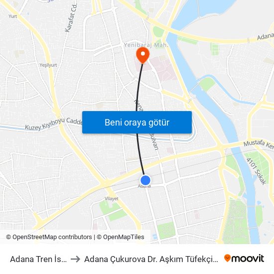 Adana Tren İstasyonu to Adana Çukurova Dr. Aşkım Tüfekçi Devlet Hastanesi map