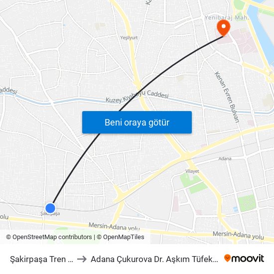 Şakirpaşa Tren İstasyonu to Adana Çukurova Dr. Aşkım Tüfekçi Devlet Hastanesi map
