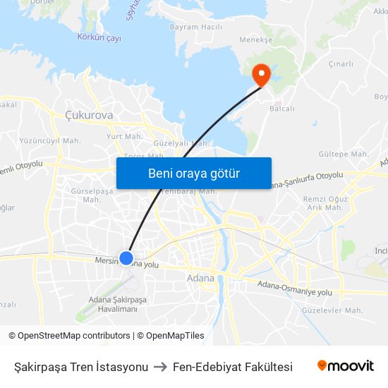 Şakirpaşa Tren İstasyonu to Fen-Edebiyat Fakültesi map