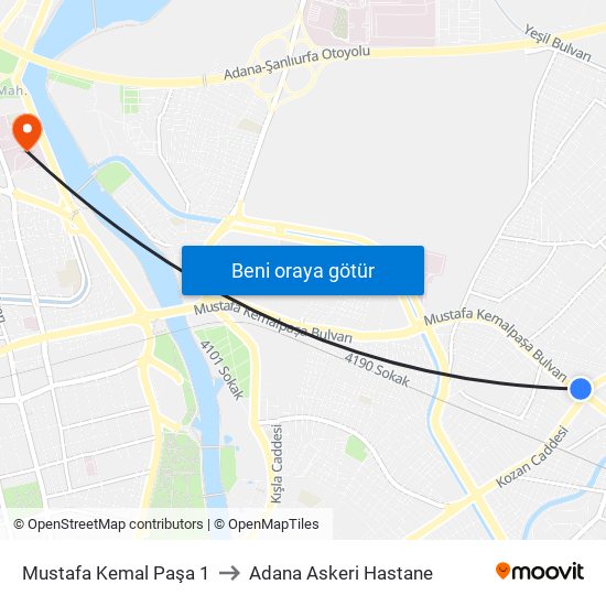 Mustafa Kemal Paşa 1 to Adana Askeri Hastane map