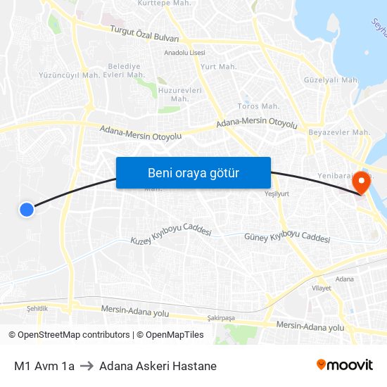 M1 Avm 1a to Adana Askeri Hastane map