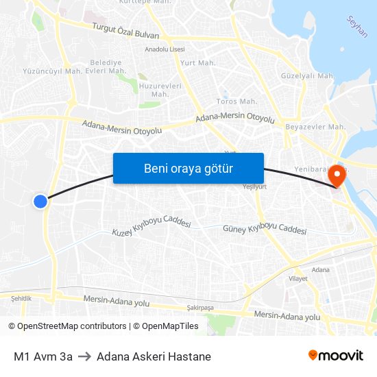 M1 Avm 3a to Adana Askeri Hastane map