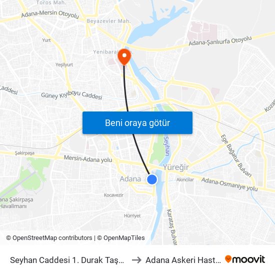 Seyhan Caddesi 1. Durak Taşköprü to Adana Askeri Hastane map