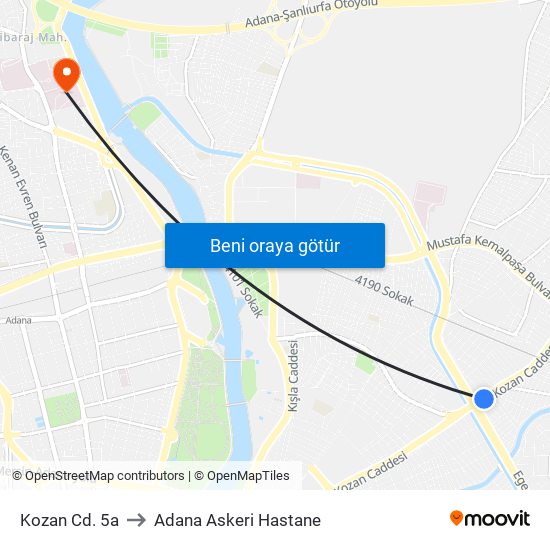 Kozan Cd. 5a to Adana Askeri Hastane map