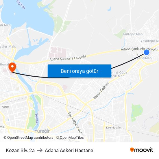 Kozan Blv. 2a to Adana Askeri Hastane map