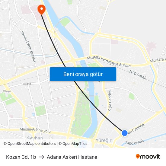 Kozan Cd. 1b to Adana Askeri Hastane map