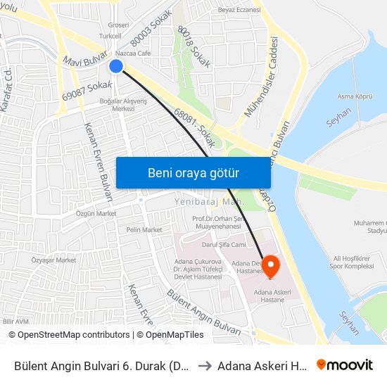 Bülent Angin Bulvari 6. Durak (Duygu Cafe) to Adana Askeri Hastane map