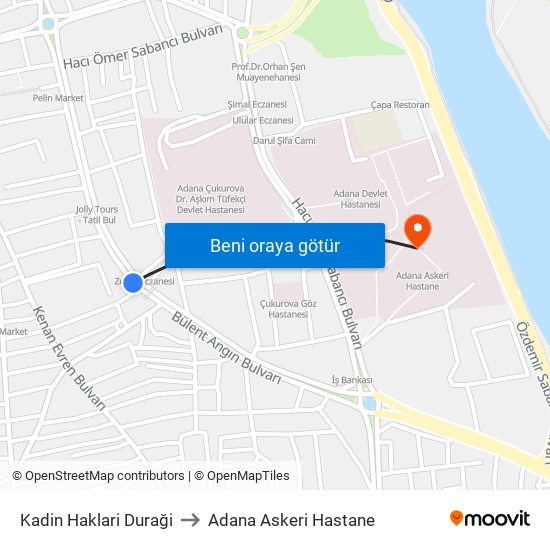 Kadin Haklari Duraği to Adana Askeri Hastane map