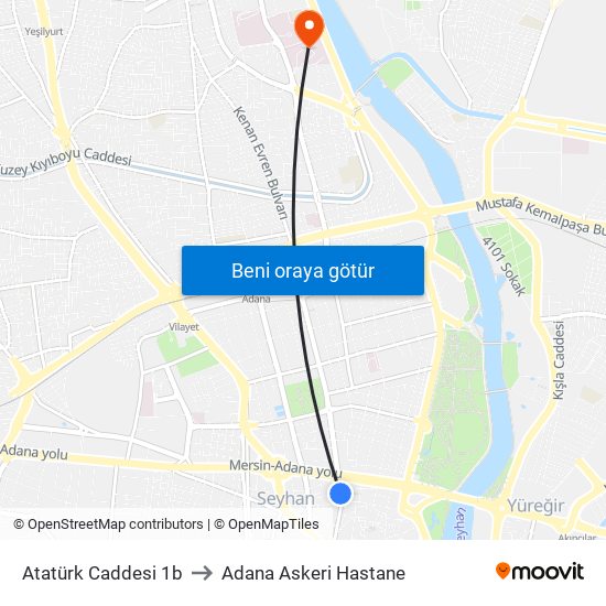 Atatürk Caddesi 1b to Adana Askeri Hastane map