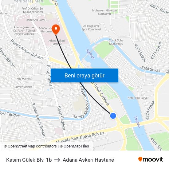 Kasim Gülek Blv. 1b to Adana Askeri Hastane map
