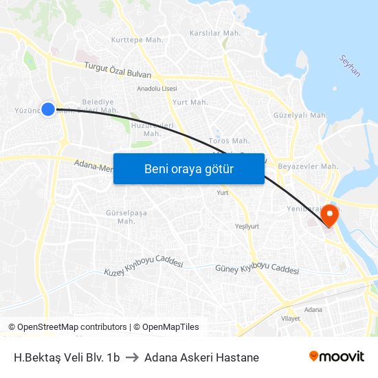 H.Bektaş Veli Blv. 1b to Adana Askeri Hastane map