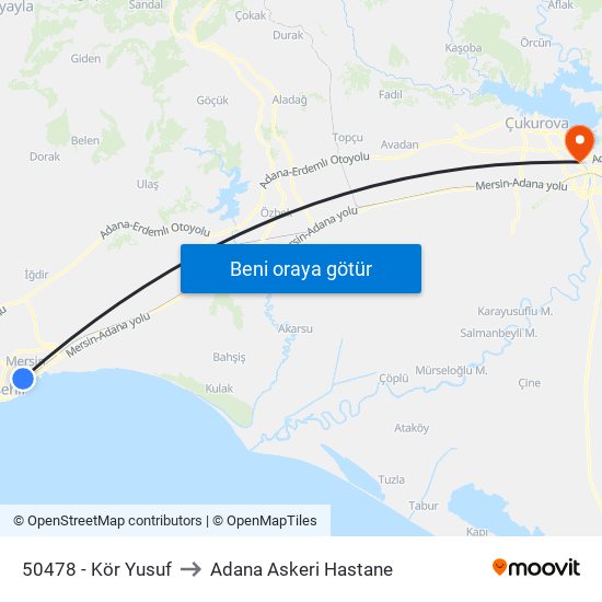 50478 - Kör Yusuf to Adana Askeri Hastane map