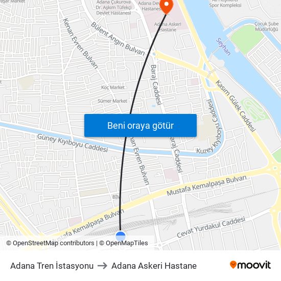 Adana Tren İstasyonu to Adana Askeri Hastane map