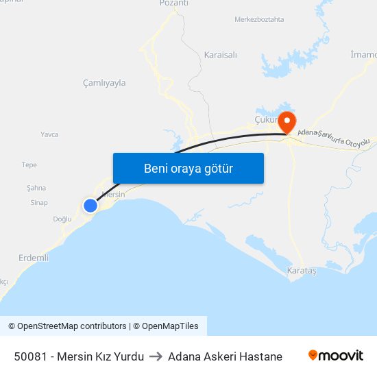 50081 - Mersin Kız Yurdu to Adana Askeri Hastane map