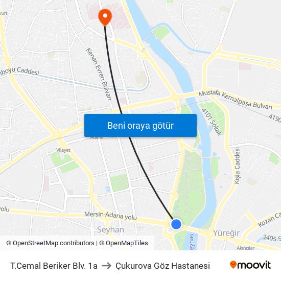 T.Cemal Beriker Blv. 1a to Çukurova Göz Hastanesi map