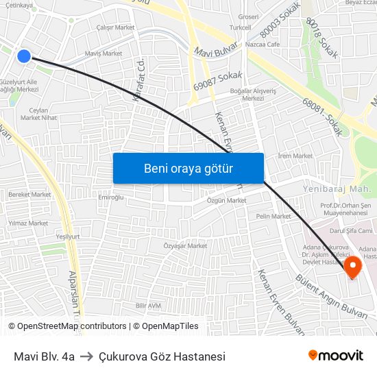 Mavi Blv. 4a to Çukurova Göz Hastanesi map