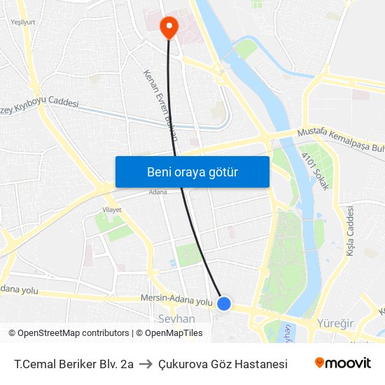 T.Cemal Beriker Blv. 2a to Çukurova Göz Hastanesi map