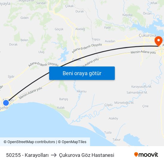 50255 - Karayolları to Çukurova Göz Hastanesi map