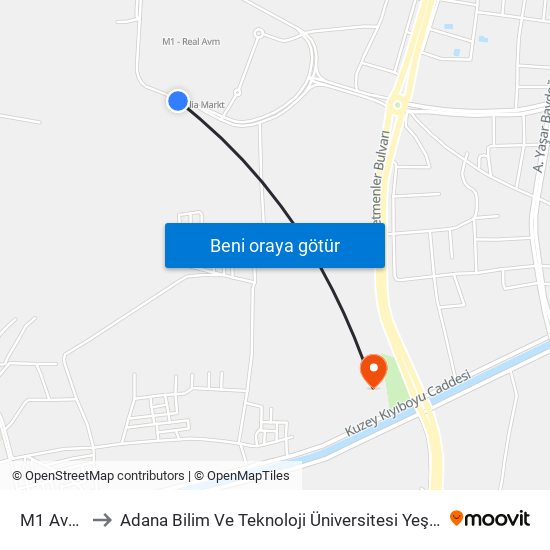 M1 Avm 1a to Adana Bilim Ve Teknoloji Üniversitesi Yeşiloba Yerleşkesi map