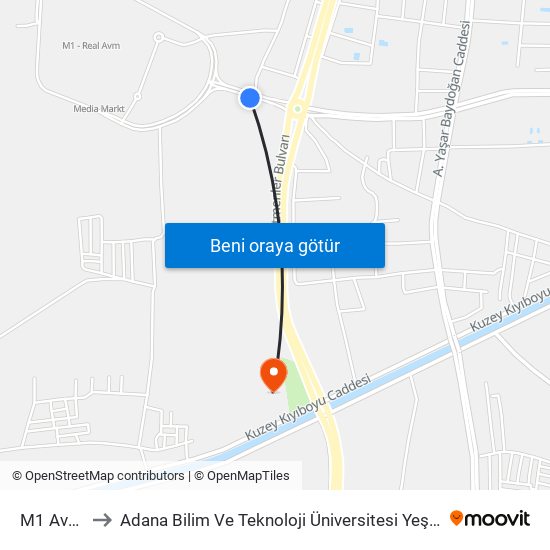 M1 Avm 3a to Adana Bilim Ve Teknoloji Üniversitesi Yeşiloba Yerleşkesi map